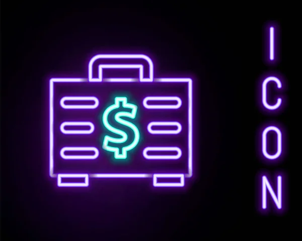 Gloeiende Neon Lijn Briefcase Geld Pictogram Geïsoleerd Zwarte Achtergrond Zakelijk — Stockvector