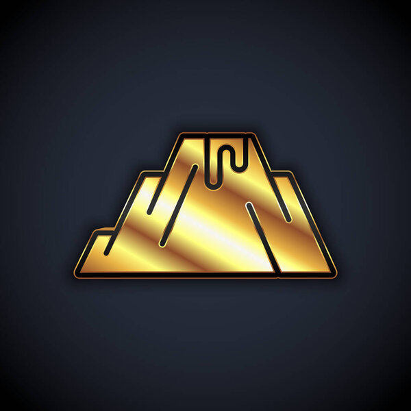 Gold Volcano eruption with lava icon isolated on black background.  Vector