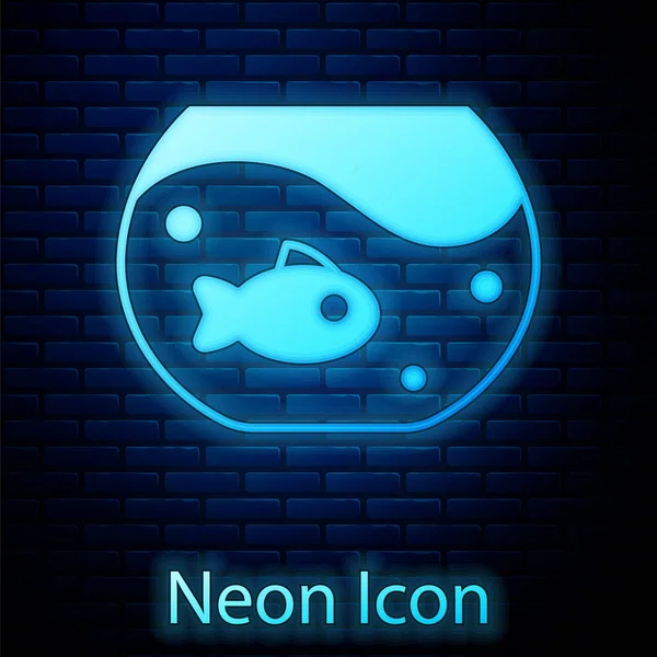 Acuario Neón Brillante Con Icono Pescado Aislado Fondo Pared Ladrillo — Vector de stock