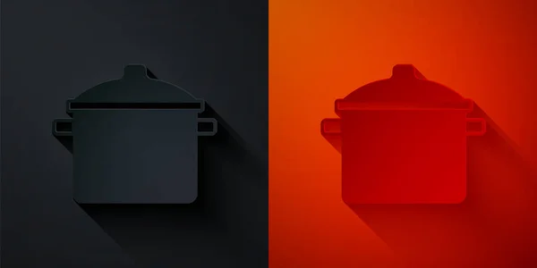 ペーパーカット黒と赤の背景に隔離された調理ポットアイコン 沸騰またはシチュー食品のシンボル 紙のアートスタイル ベクトル — ストックベクタ