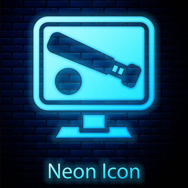 Glowing Neon Monitor Baseball Ball Bat Screen Icon Isolated Brick — Stock Vector