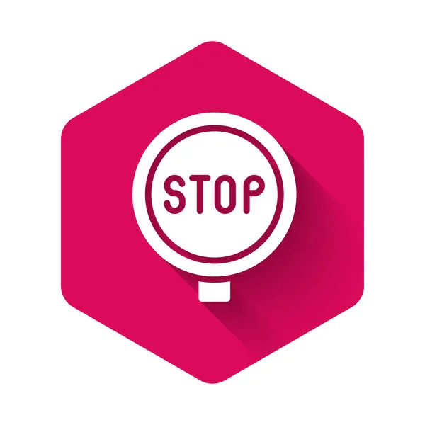 White Stop Teken Pictogram Geïsoleerd Met Lange Schaduw Achtergrond Waarschuwingsstopsymbool — Stockvector