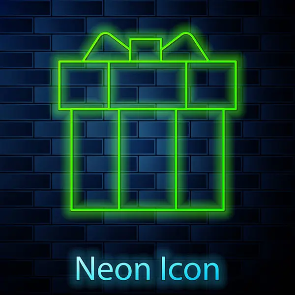 Leuchtende Neon Linie Gift Box Symbol Isoliert Auf Backsteinwand Hintergrund — Stockvektor