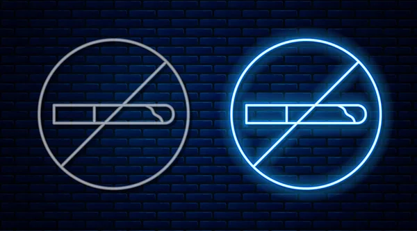 Glowing neon line No Smoking icon isolated on brick wall background. Cigarette symbol.  Vector