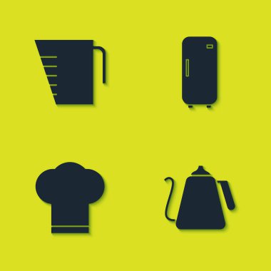 Ölçme kabı, saplı çaydanlık, şef şapkası ve buzdolabı ikonu. Vektör.