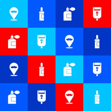 Berber dükkanı, sakal ve bıyık bakım yağı şişesi, erkek ikonu için traş losyonu ve elektrikli tıraş bıçağı hazırla. Vektör.