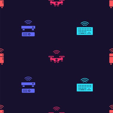 Kablosuz klavyeyi, TV kutusu alıcısını akıllı dronu ve buzdolabını kusursuz desene ayarlayın. Vektör.