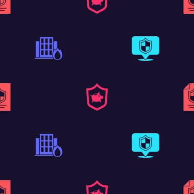 Konum kalkanı ayarlayın, yanan evde yangın, domuzcuk kumbarası ve kusursuz desenli sözleşme. Vektör.