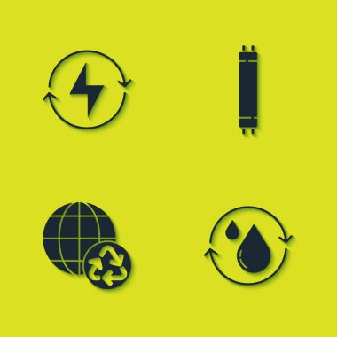 Şimşeği, temiz suyu, dünyayı, geri dönüşümü ve flüoresan lamba ikonunu ayarlayın. Vektör.
