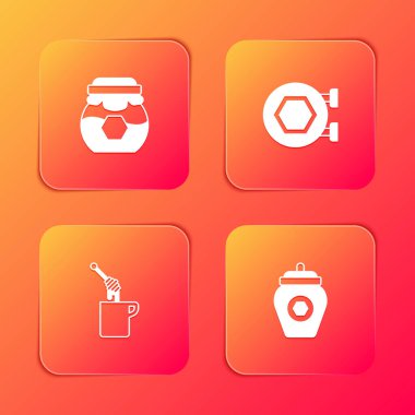 Kavanoz dolusu bal, bal peteği, bal kovanı ve ikon ile asılı levha. Vektör