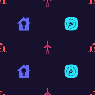 Elektrik prizini, akıllı evi ve ampulü, rüzgar türbini ve hidroelektrik barajını pürüzsüz şablona ayarla. Vektör