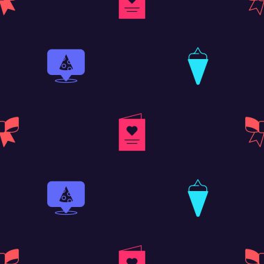 Dondurmayı waffle külahına, pizza dilimine, kalpli kartpostala ve kusursuz desenli hediye fiyonkuna koy. Vektör