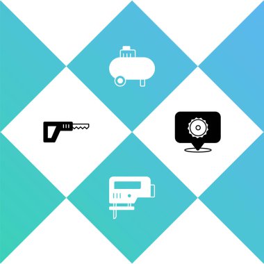 Karşılaştırıcı testereyi, elektrikli yapbozu, hava kompresörünü ve dairesel bıçak ikonunu ayarla. Vektör