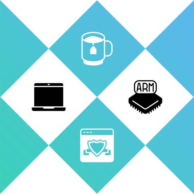 Dizüstü bilgisayar, kalkanlı tarayıcı, çay poşeti ve işlemci simgesi hazırla. Vektör