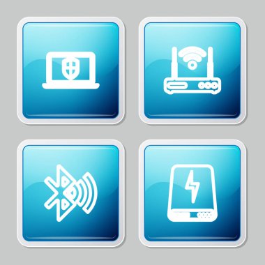 Dizüstü bilgisayarı kalkan, router ve wi-fi, bluetooth bağlantısı ve Power Bank simgesi ile ayarla. Vektör.