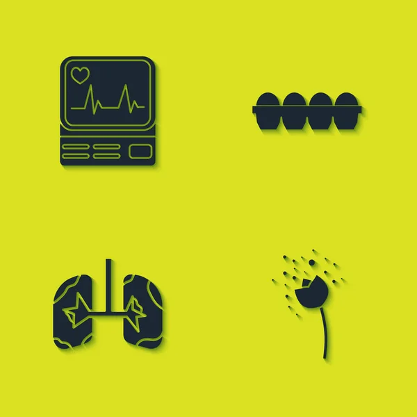 Set Monitor Con Cardiograma Flor Produciendo Polen Pulmones Huevo Gallina — Vector de stock