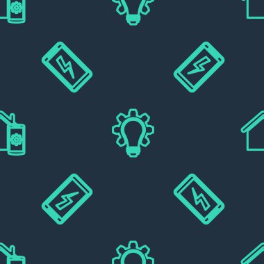 Ampul ve teçhizat hattını, mobil şarj bataryasını ve Smart ev uzaktan kumandasını pürüzsüz şablona ayarla. Vektör.