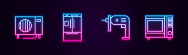 Hattı ayarlayın, klima, buzdolabı, elektrikli matkap ve mikrodalga fırın. Parlayan neon ikonu. Vektör.