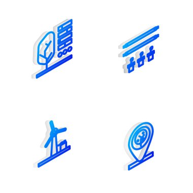 Isometric hattını ampul ve bitki ile akıllı çiftliği, bitki statüsünü, rüzgar türbini ve konum ağacı simgesini ayarla. Vektör.