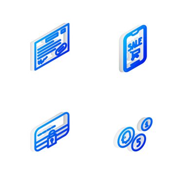 Isometric hattı cep telefonu ve alışveriş arabası, garanti sertifika şablonu, kilit ve madeni para ikonlu kredi kartı ayarlayın. Vektör.