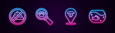 Set line No shit, Veterinary clinic, Cat nose and Aquarium with fish. Glowing neon icon. Vector