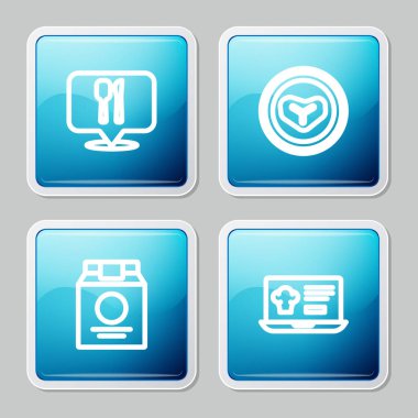 Set hattı, kafe ve restoran yeri, biftek tabağı, online sipariş ve ikon. Vektör