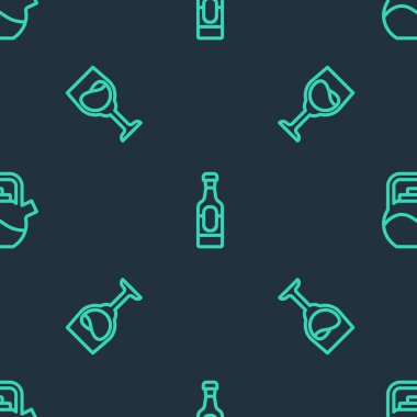 Şarap şişesi, bardak ve su ısıtıcısını kusursuz şekilde ayarlayın. Vektör