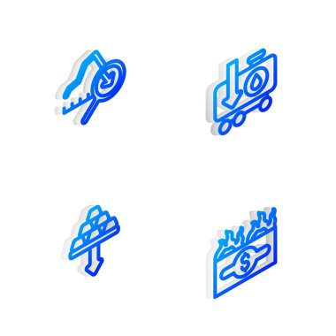 Isometric hattını ham petrol fiyatlarında düşüş, küresel ekonomik kriz, altın külçeler ve Yanan Dolar simgesi haline getirin. Vektör