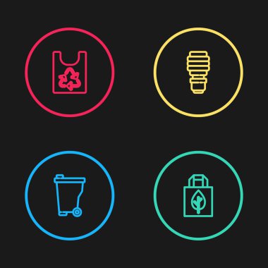 Çöp tenekesini, geri dönüşümlü alışveriş poşetini, LED ampulü ve plastik ikonu ayarla. Vektör