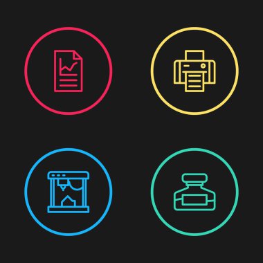 Satır 3D yazıcı, Mürekkep şişesi, Grafik Grafik Grafik Grafiği simgesi olan Yazıcı ve Belge. Vektör