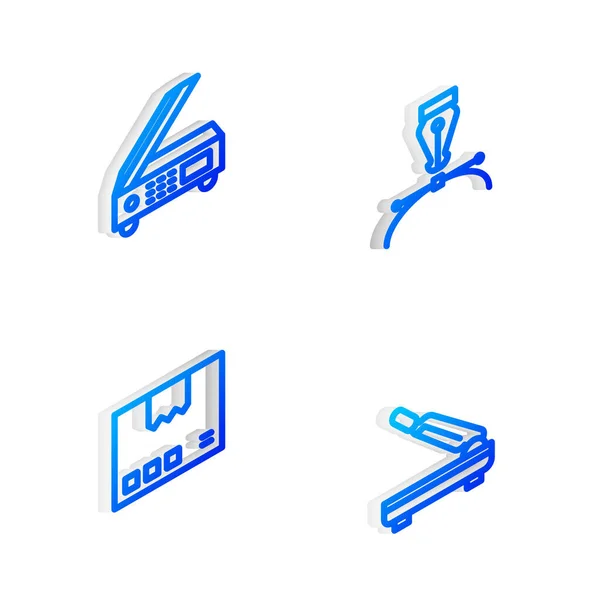 Set Isometrische Linie Füllfederhalter Scanner Kartonschachtel Und Papierschneider Symbol Vektor — Stockvektor