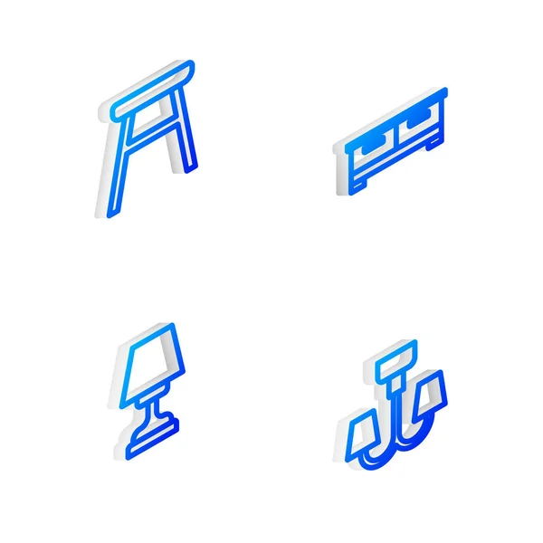 Set Isometrische Linie Kommode Stuhl Tischleuchte Und Kronleuchter Symbol Vektor — Stockvektor