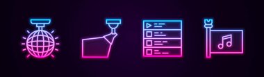 Set çizgisi Disko topu, film ışıkları, müzik listesi ve festival bayrağı. Parlayan neon ikonu. Vektör