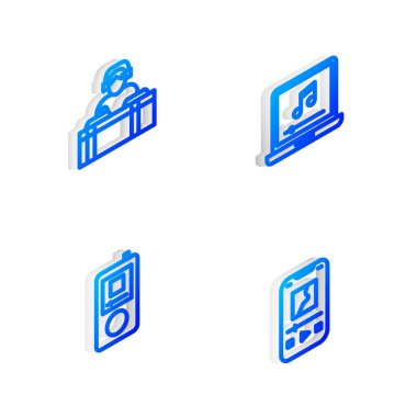 Isometric satır dizüstünü müzik notası, DJ çalması, müzik çalar ve simgesi ile ayarla. Vektör