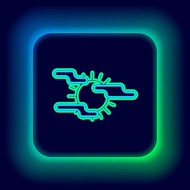 Parlayan neon hattı sisi ve güneş ikonu siyah arkaplanda izole edildi. Renkli taslak konsepti. Vektör