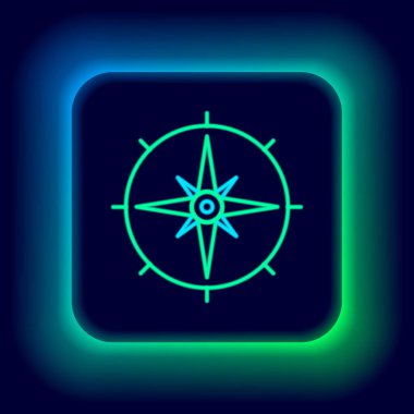 Parlayan neon çizgisi. Rüzgar simgesi siyah arkaplanda izole edilmiş. Seyahat için pusula simgesi. Navigasyon tasarımı. Renkli taslak konsepti. Vektör