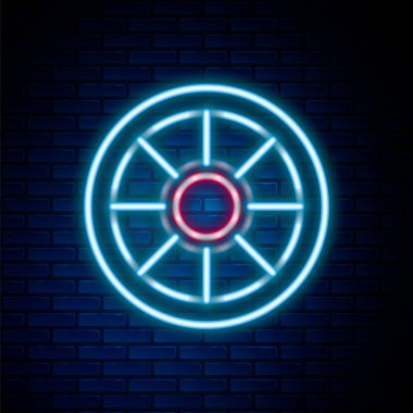 Parlayan neon hattı tuğla duvar arka planında güvenli simge izole edildi. Kapı, şifreli bir banka kasası. Güvenilir Veri Koruma. Renkli taslak konsepti. Vektör