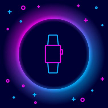 Parlayan neon hattı Smartwatch simgesi siyah arkaplanda izole edildi. Renkli taslak konsepti. Vektör