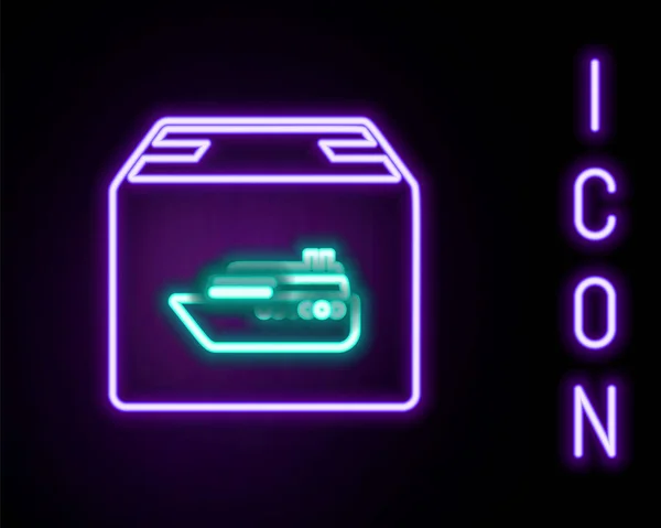 Świecący Neon Linii Statek Towarowy Pudełkami Usługi Ikona Odizolowany Czarnym — Wektor stockowy
