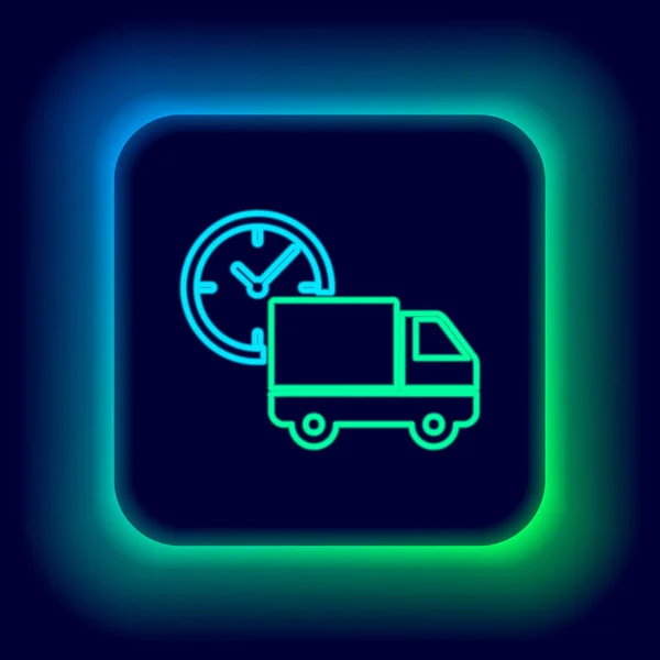 Luminoso Neon Linea Logistica Consegna Camion Orologio Icona Isolato Sfondo — Vettoriale Stock