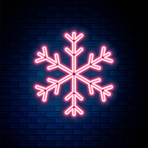 Icono Copo Nieve Brillante Línea Neón Aislado Fondo Pared Ladrillo — Vector de stock