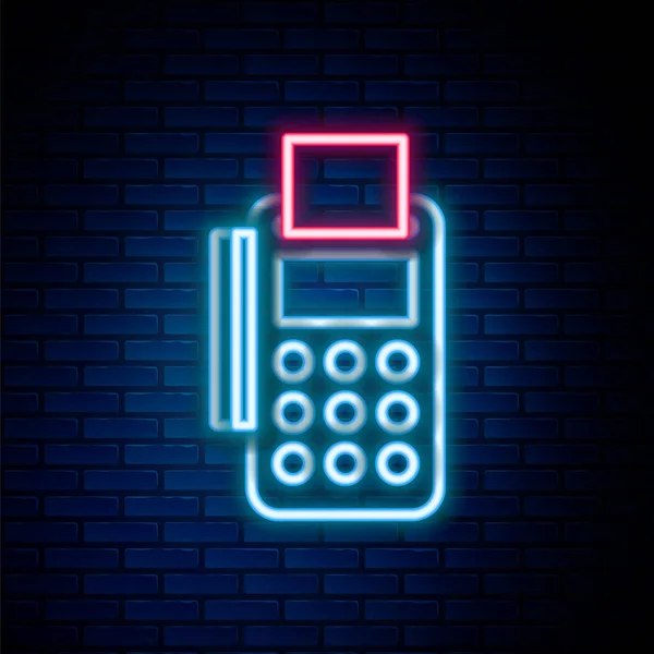 Glown Neon Line Pos Terminal 카드를 삽입하고 배경에 아이콘을 인쇄하였다 — 스톡 벡터
