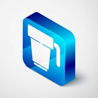 Gri arkaplanda izole edilmiş Isometric Kahve fincanı ikonu. Çay fincanı. Sıcak içecek kahvesi. Mavi kare düğme. Vektör.