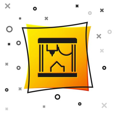 Siyah 3D yazıcı simgesi beyaz arkaplanda izole edildi. Sarı kare düğme. Vektör.