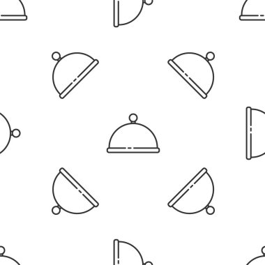 Gri çizgi, beyaz arka planda izole edilmiş yemek ikonu tepsisiyle kaplıydı. Tepsi ve kapak. Kapaklı bir restoran saati. Mutfak eşyaları sembolü. Vektör.