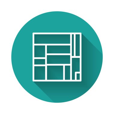 Beyaz çizgi House Edificio Mirador simgesi uzun gölgelerle izole edildi. Madrid, İspanya 'da MVRDV mimarlarının Mirador sosyal konutları. Yeşil daire düğmesi. Vektör.