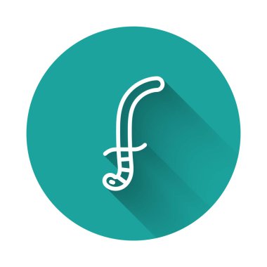 Beyaz çizgi Ortaçağ kılıç ikonu uzun gölgeli izole edilmiş. Ortaçağ silahı. Yeşil daire düğmesi. Vektör.