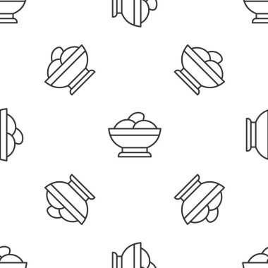 Bir kase ikonunda gri çizgi Varenyky beyaz arka planda izole edilmiş pürüzsüz desen. Pierogi, varenyky, hamur tatlısı, pelmeni, ravioli. Geleneksel Ukrayna yemekleri. Vektör.