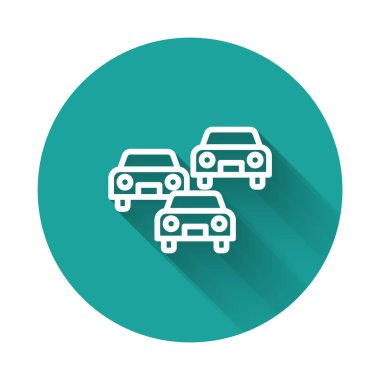 Yol simgesindeki beyaz çizgi trafik sıkışıklığı uzun gölgeli izole edilmiş. Yol ulaşımı. Yeşil daire düğmesi. Vektör.