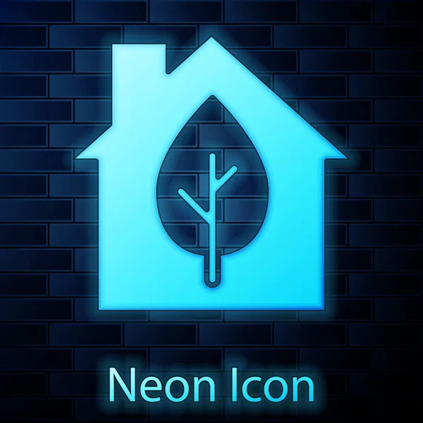 Icona Luminosa Neon Eco Friendly Casa Isolata Sfondo Muro Mattoni — Vettoriale Stock